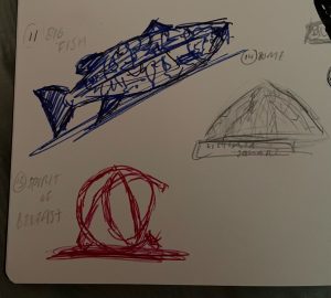 Assorted sketches - spirit of Belfast sculpture, Victoria Square Dome, and the Big Fish sculpture