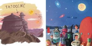 Tatooine illustration in the style of Oliver Jeffers